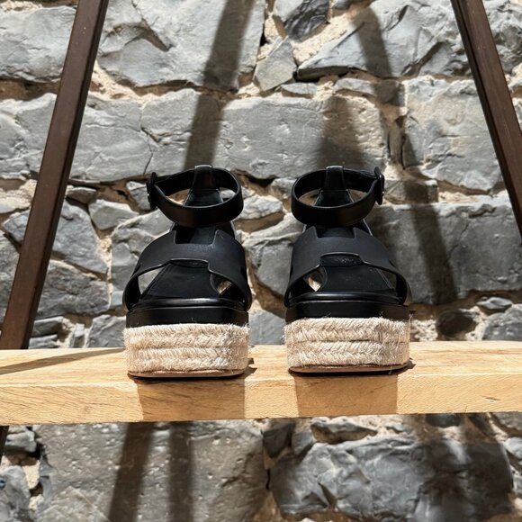 Hermès Black Leather Elda Wedges Espadrilles H Sandals - Picture 4 of 12